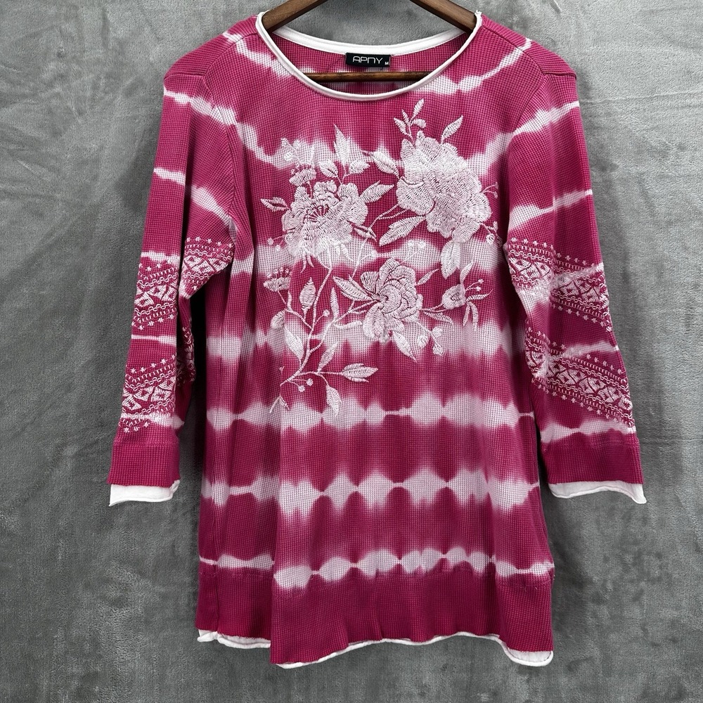 APNY Top Shirt Womens Medium Pink Embroidered Floral Thermal Textured‎ Tie Dye